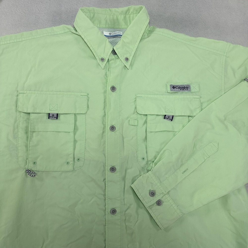Columbia‎ PFG Shirt Mens Large Green Omni-Shade Vented Fishing Button Down UPF